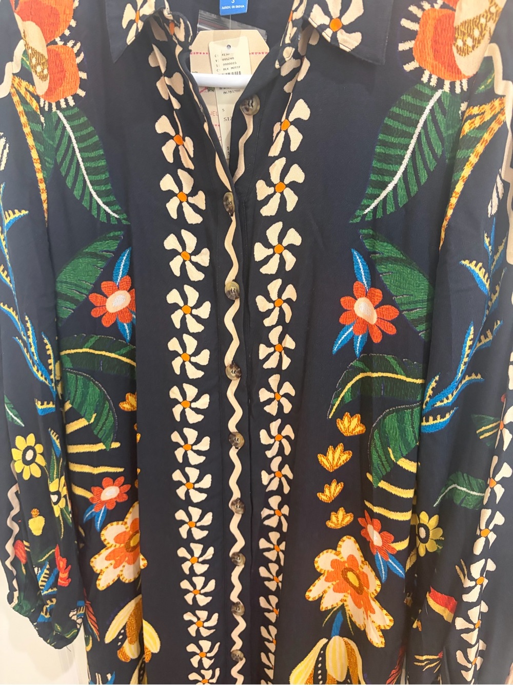 FARM Rio Black Maxi Shirt Dress with Orange Yellow Green and Blue Floral Print - Picture 3 of 7